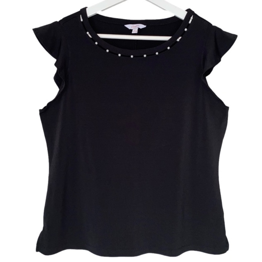 CANDIE'S Top Flutter Cap Sleeves Black with White Pearl Detail Women Size M